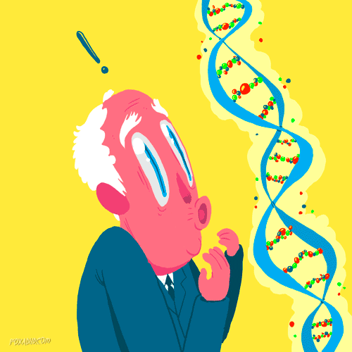 main looking excitedly at a rolling DNA double helix