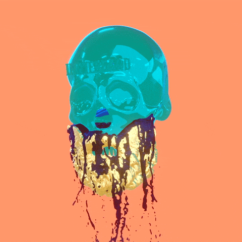 animation of ink flowing over a brass beard attached to a crystal skull